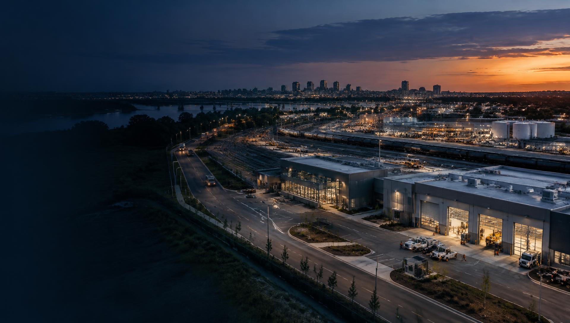 Public infrastructure and logistics operations at dusk
